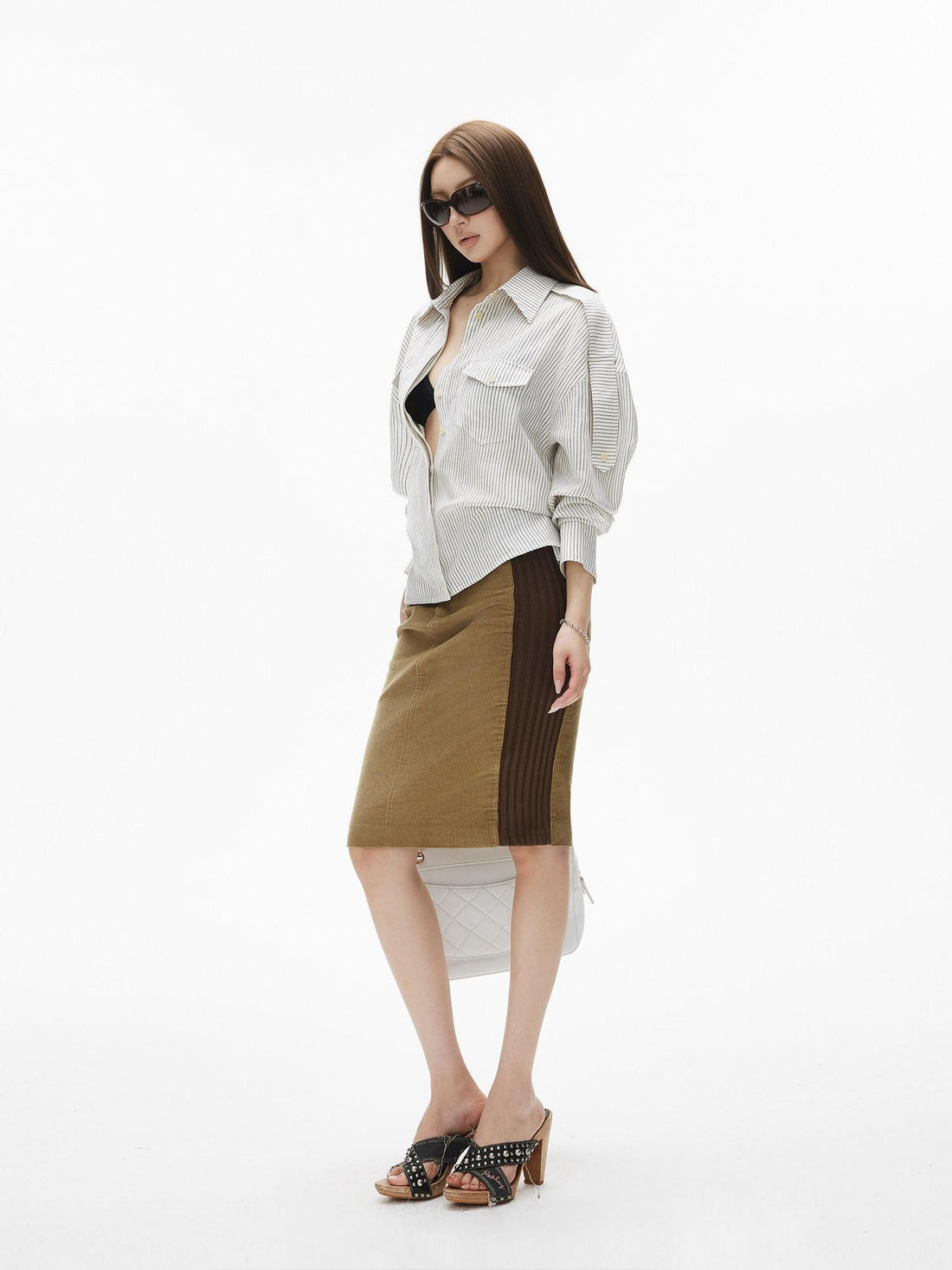 iamxiaa White Stripe Flap Pocket Epaulet Adjustable Back Tab Women&