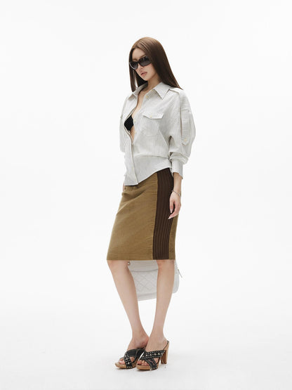iamxiaa White Stripe Flap Pocket Epaulet Adjustable Back Tab Women&