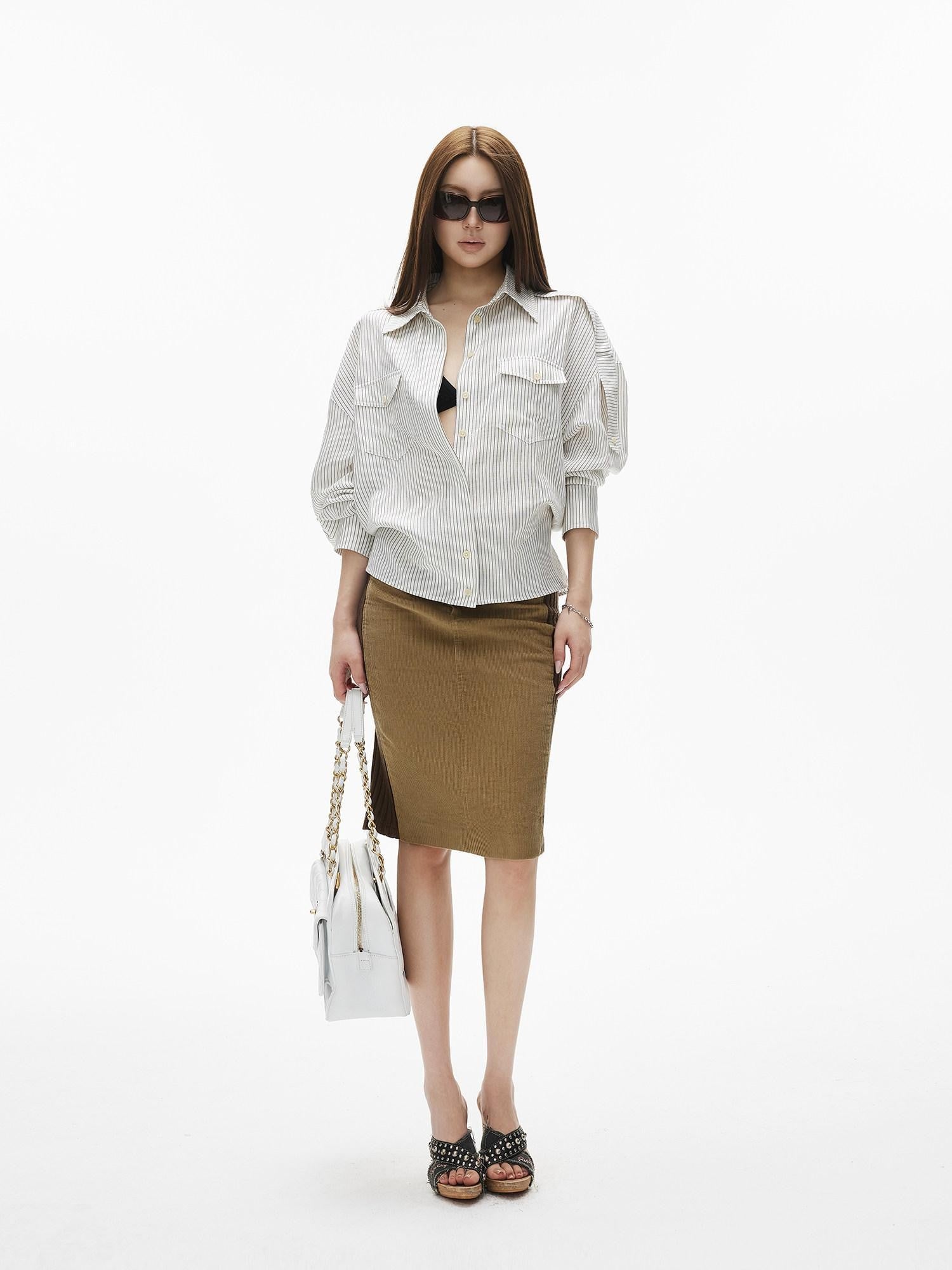 iamxiaa White Stripe Flap Pocket Epaulet Adjustable Back Tab Women&