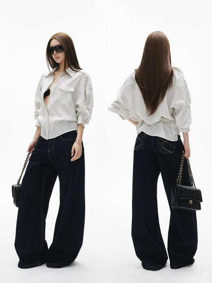 iamxiaa White Stripe Flap Pocket Epaulet Adjustable Back Tab Women&