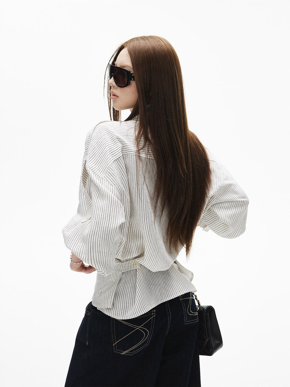 iamxiaa White Stripe Flap Pocket Epaulet Adjustable Back Tab Women&
