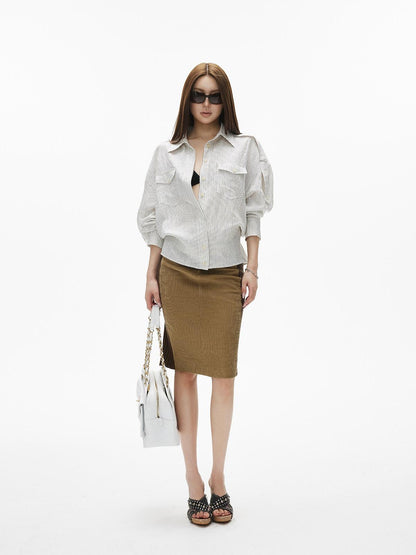 iamxiaa White Stripe Flap Pocket Epaulet Adjustable Back Tab Women&