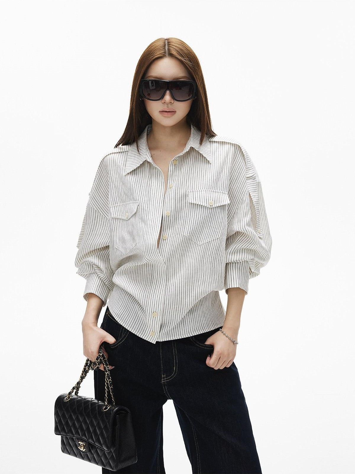 iamxiaa White Stripe Flap Pocket Epaulet Adjustable Back Tab Women&