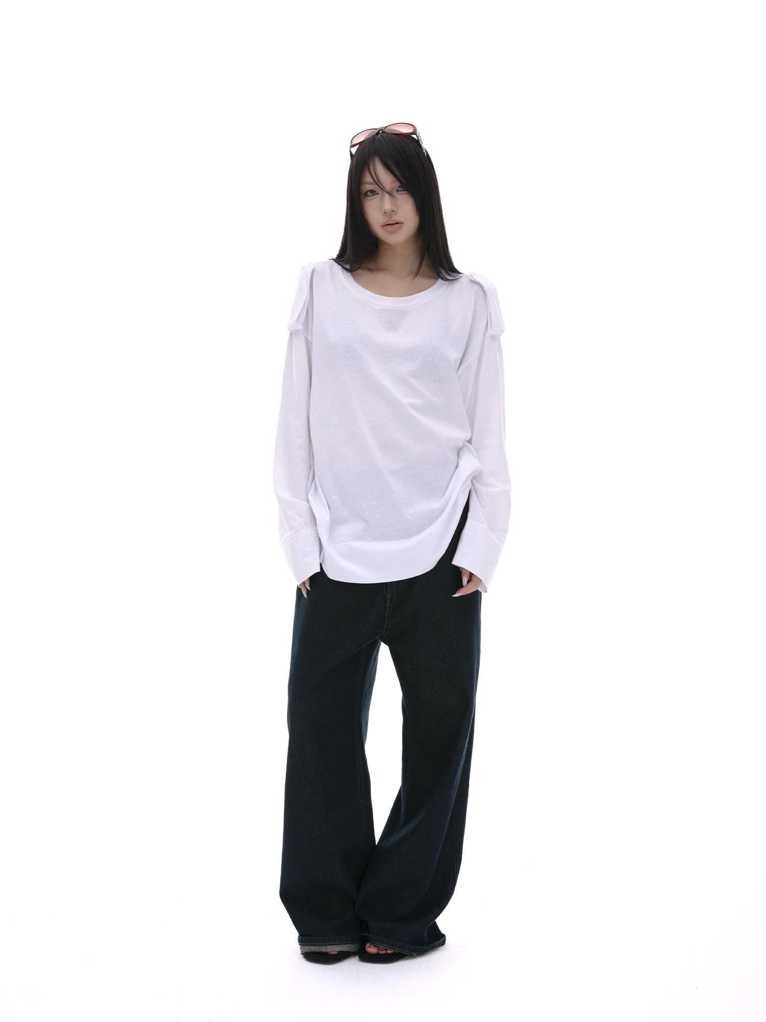 iamxiaa White Wide Shoulder Tabs Loose Layered Pullover Women&