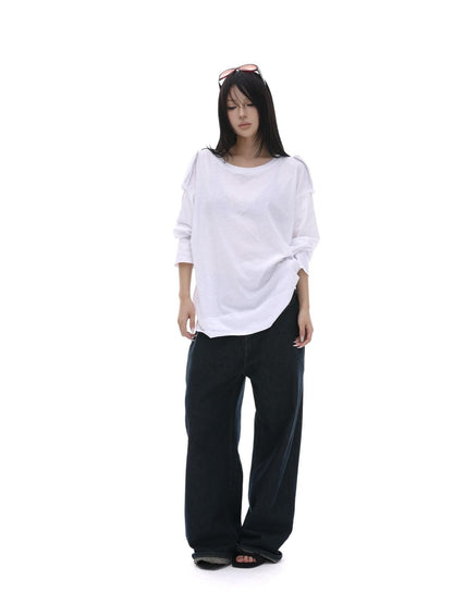 iamxiaa White Wide Shoulder Tabs Loose Layered Pullover Women&