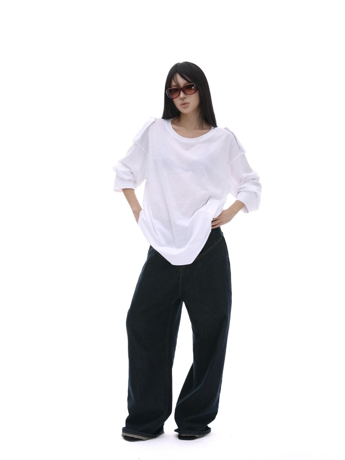 iamxiaa White Wide Shoulder Tabs Loose Layered Pullover Women&