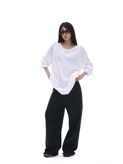 iamxiaa White Wide Shoulder Tabs Loose Layered Pullover Women&