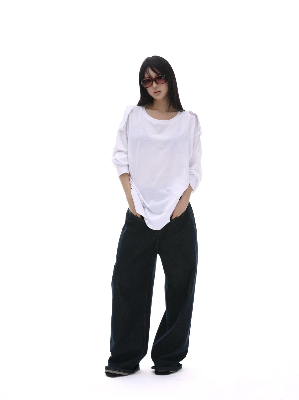 iamxiaa White Wide Shoulder Tabs Loose Layered Pullover Women&