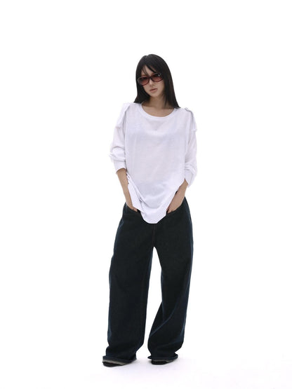 iamxiaa White Wide Shoulder Tabs Loose Layered Pullover Women&