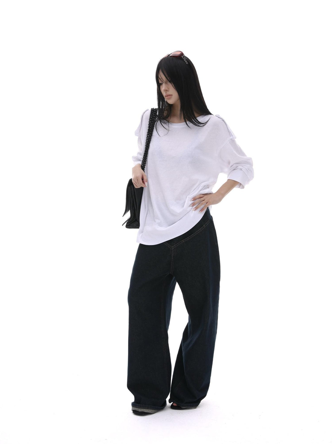 iamxiaa White Wide Shoulder Tabs Loose Layered Pullover Women&