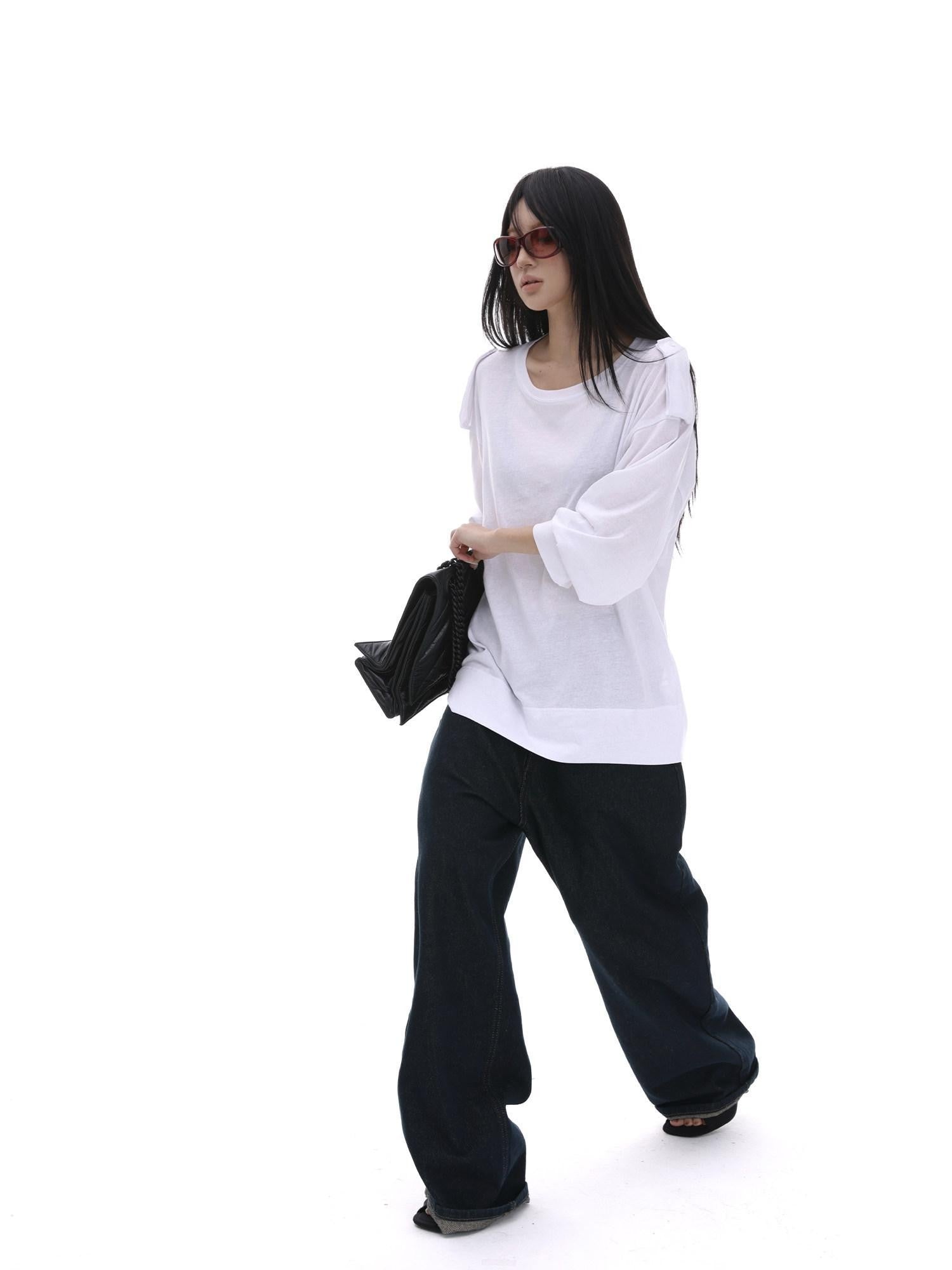 iamxiaa White Wide Shoulder Tabs Loose Layered Pullover Women&