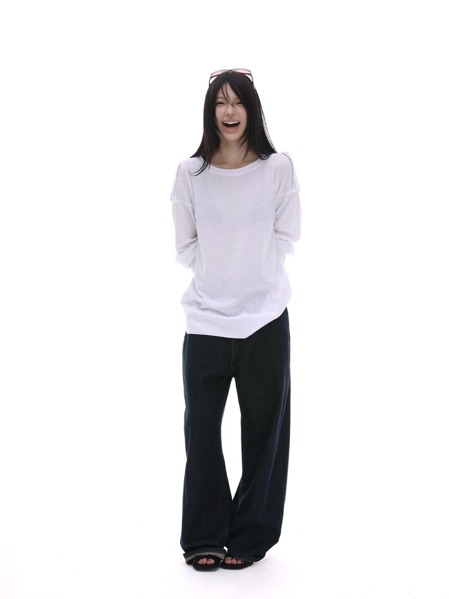 iamxiaa White Wide Shoulder Tabs Loose Layered Pullover Women&