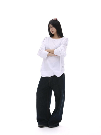 iamxiaa White Wide Shoulder Tabs Loose Layered Pullover Women&