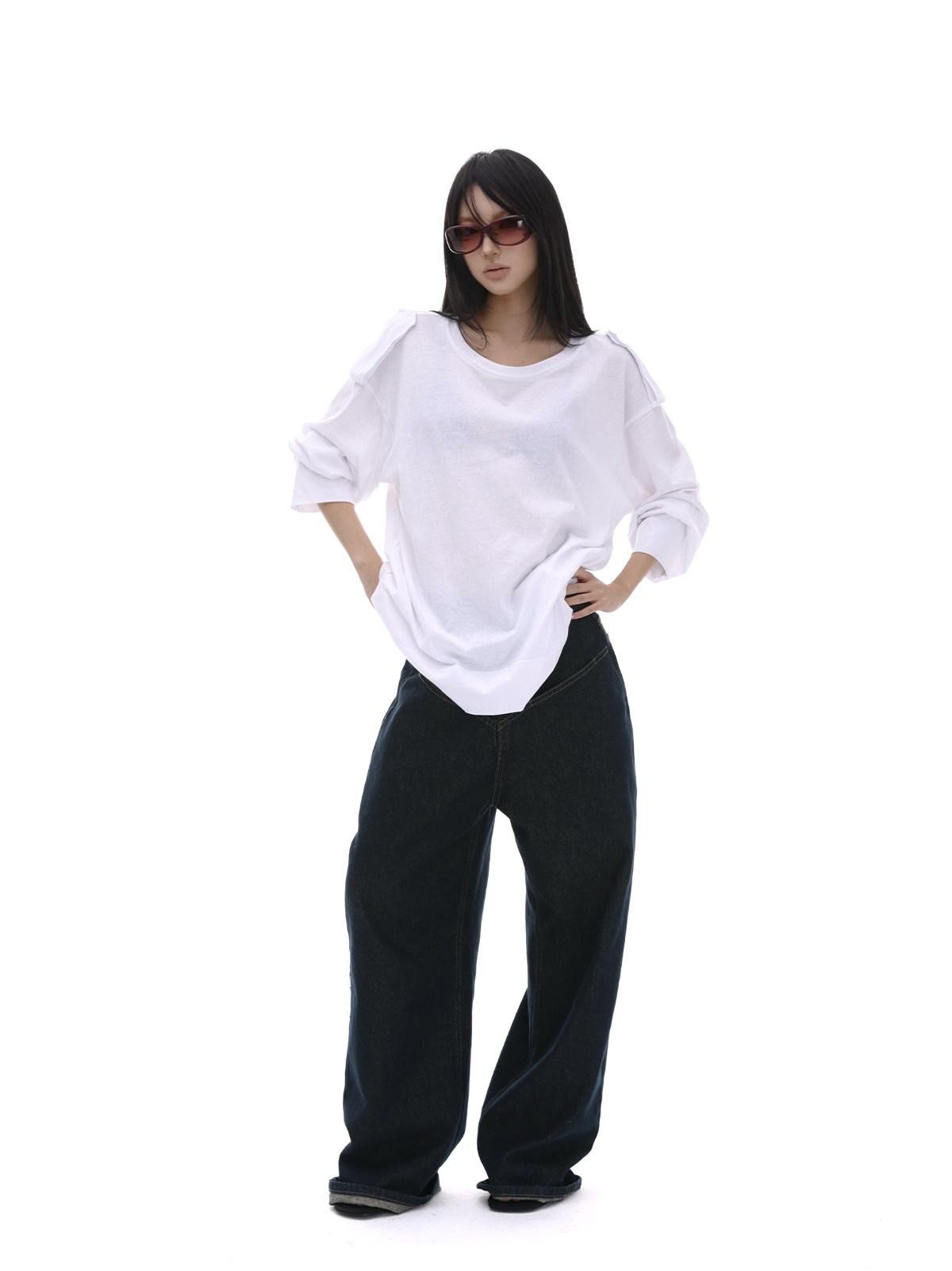 iamxiaa White Wide Shoulder Tabs Loose Layered Pullover Women&