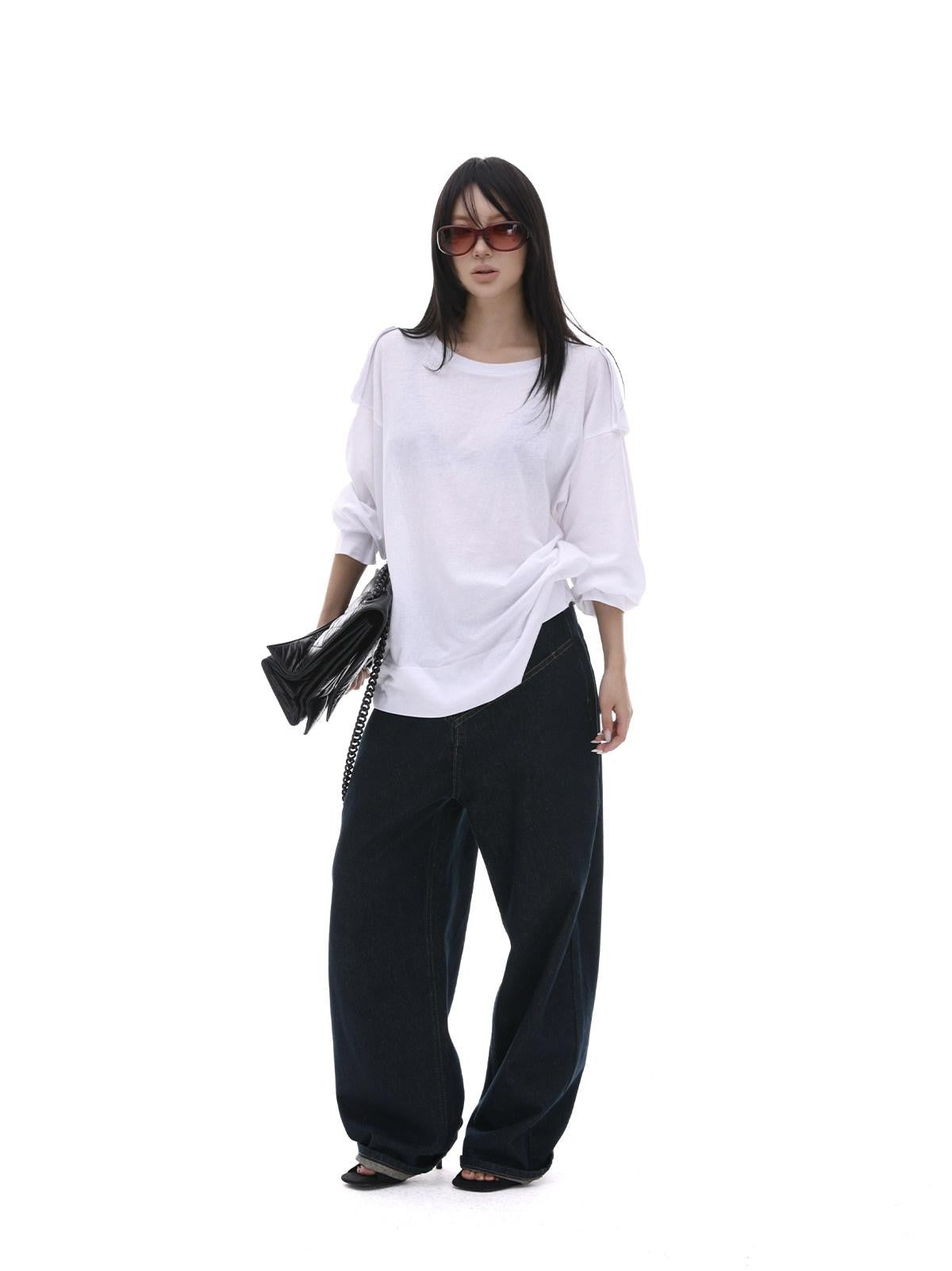 iamxiaa White Wide Shoulder Tabs Loose Layered Pullover Women&