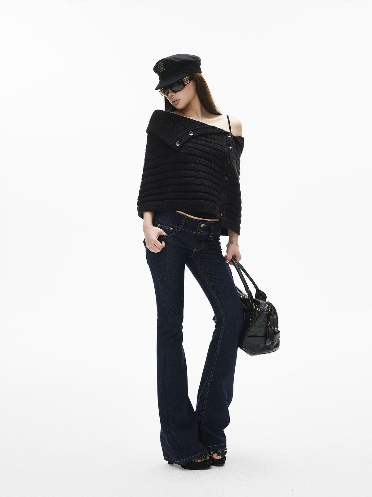 iamxiaa Wrap Shawl Collar Off Shoulder Side Button Women&