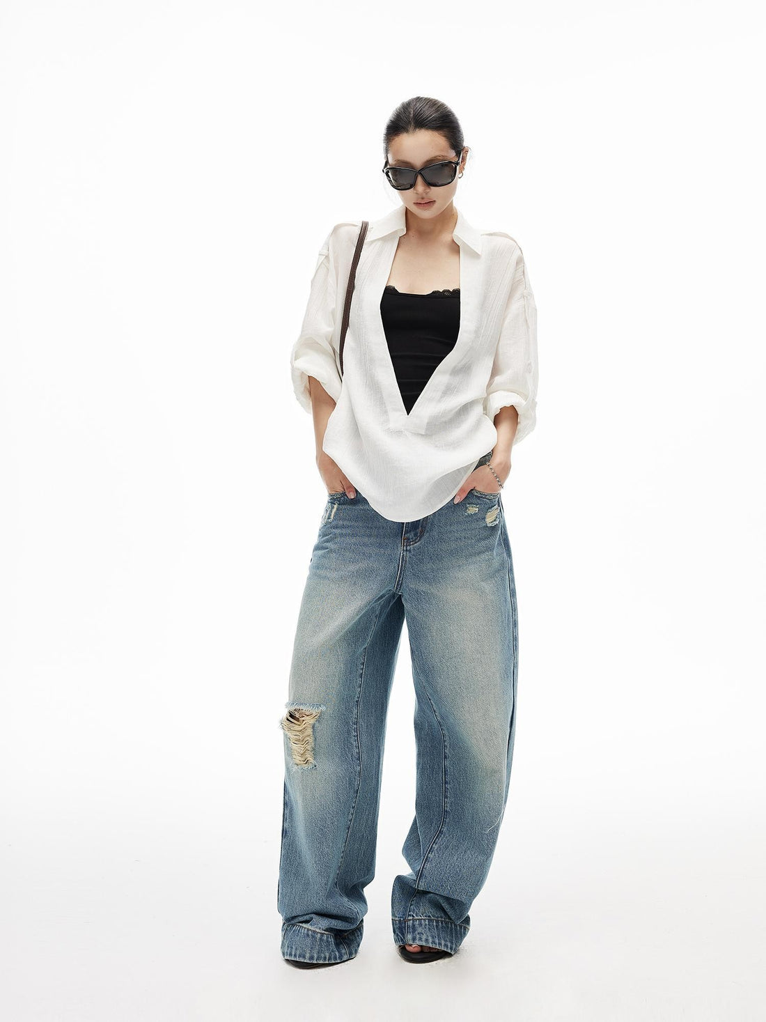 iamxiaa Wrinkled Texture Deep V-neck Shoulder Strap Convertible Sleeve Women&