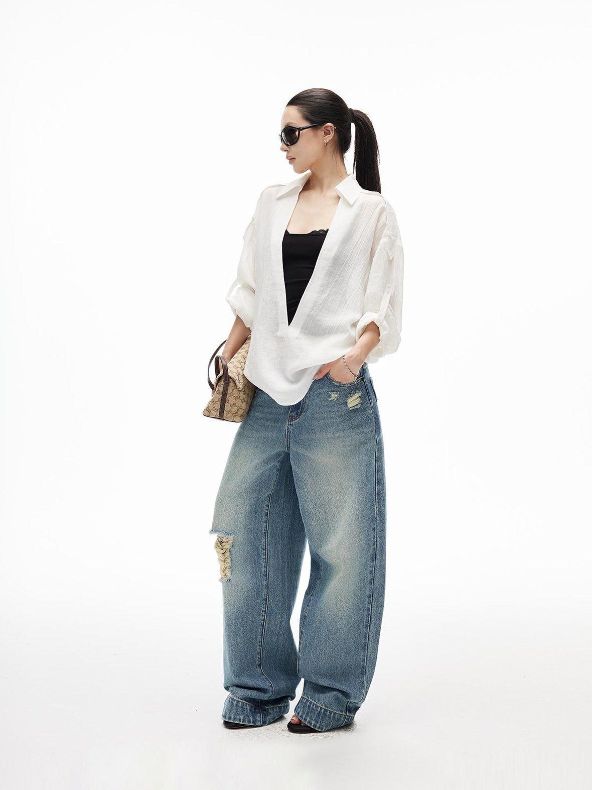 iamxiaa Wrinkled Texture Deep V-neck Shoulder Strap Convertible Sleeve Women&