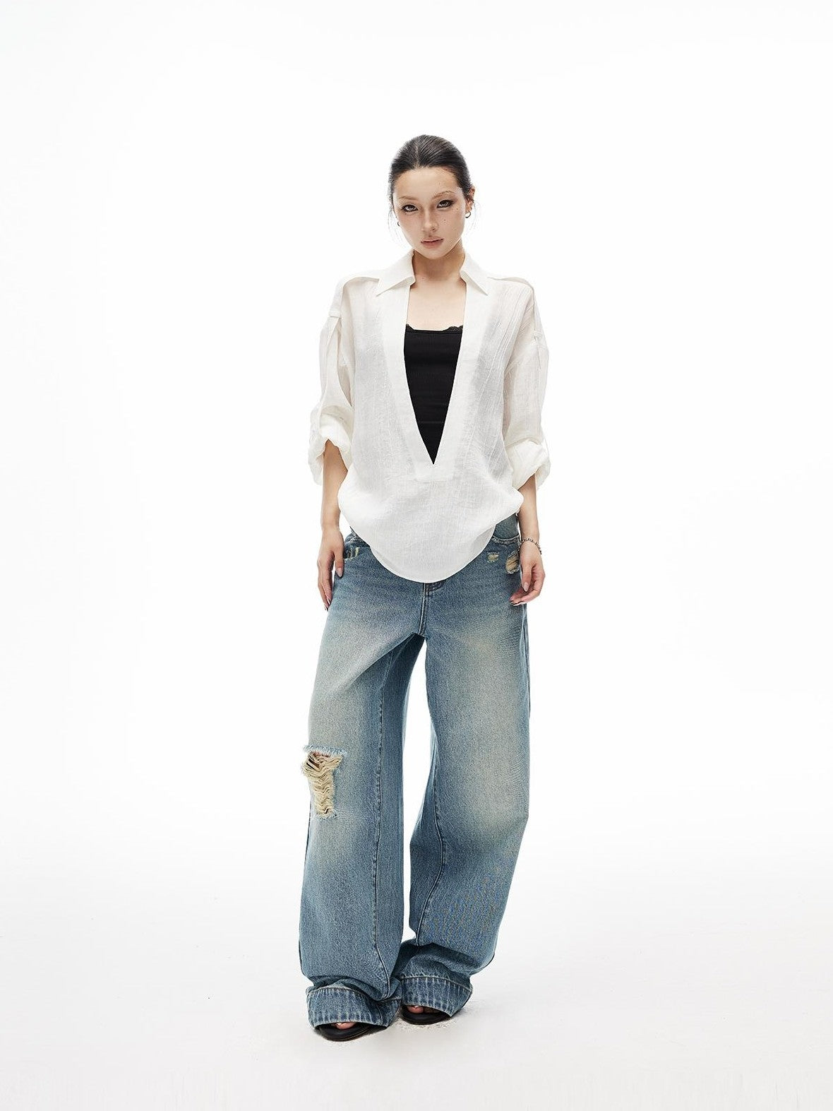 iamxiaa Wrinkled Texture Deep V-neck Shoulder Strap Convertible Sleeve Women&
