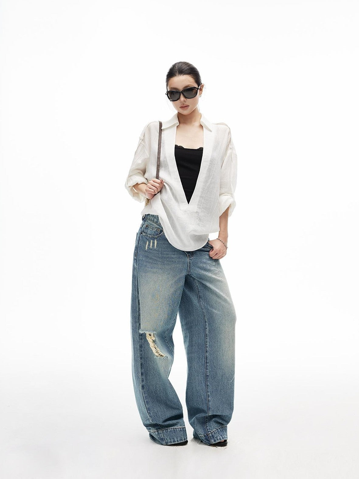 iamxiaa Wrinkled Texture Deep V-neck Shoulder Strap Convertible Sleeve Women&