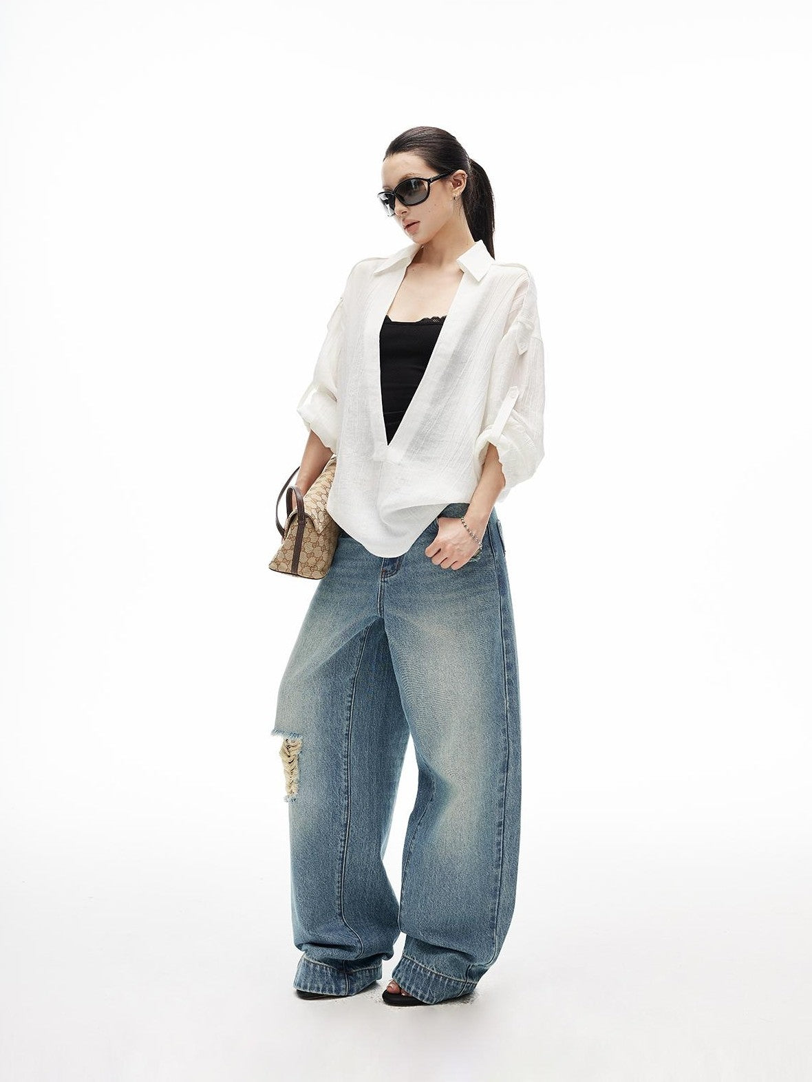 iamxiaa Wrinkled Texture Deep V-neck Shoulder Strap Convertible Sleeve Women&