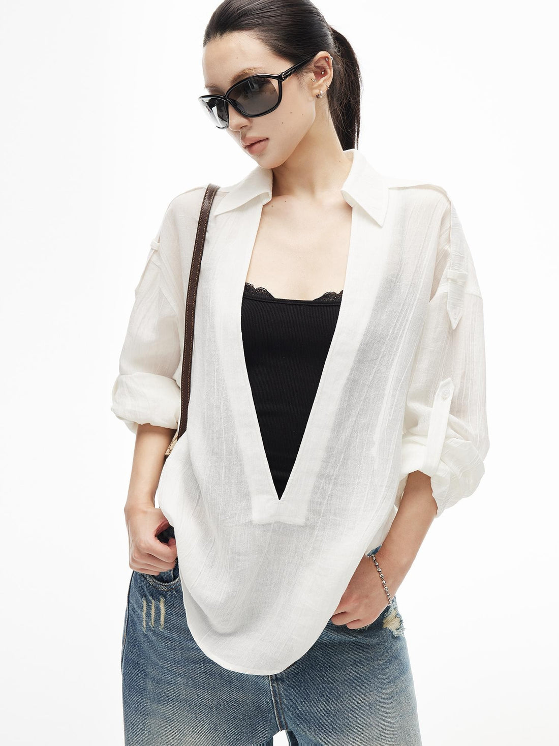 iamxiaa Wrinkled Texture Deep V-neck Shoulder Strap Convertible Sleeve Women&