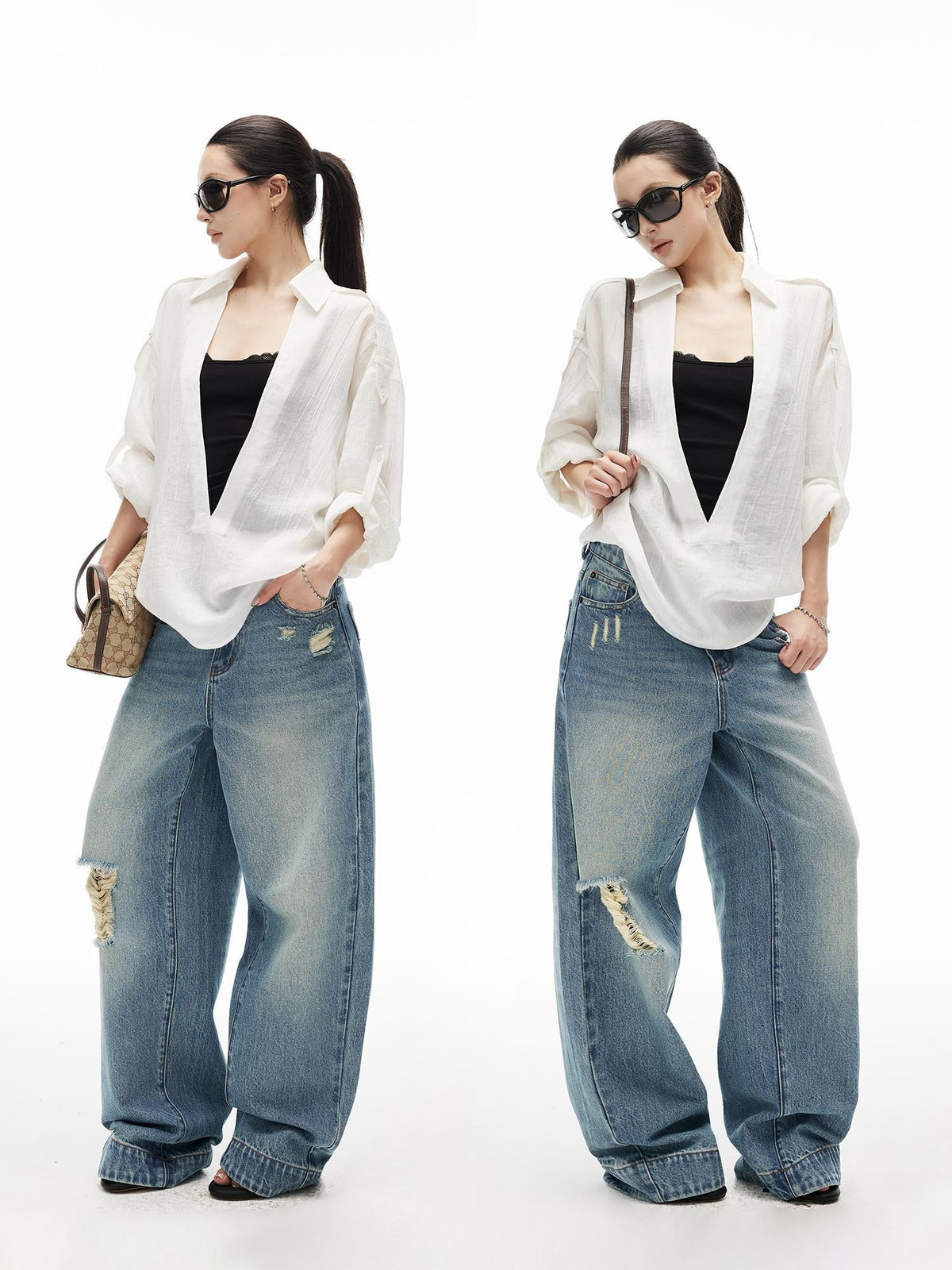 iamxiaa Wrinkled Texture Deep V-neck Shoulder Strap Convertible Sleeve Women&