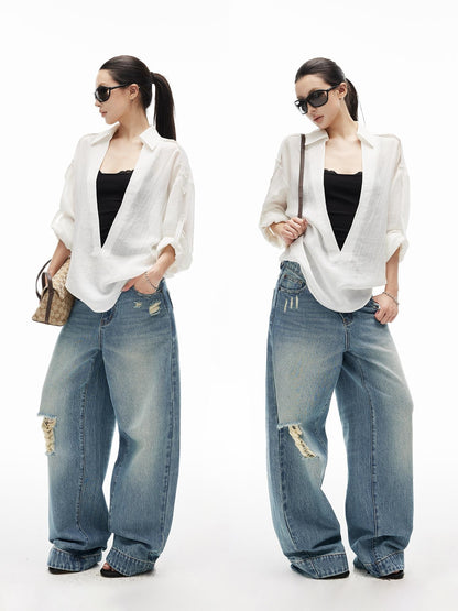 iamxiaa Wrinkled Texture Deep V-neck Shoulder Strap Convertible Sleeve Women&