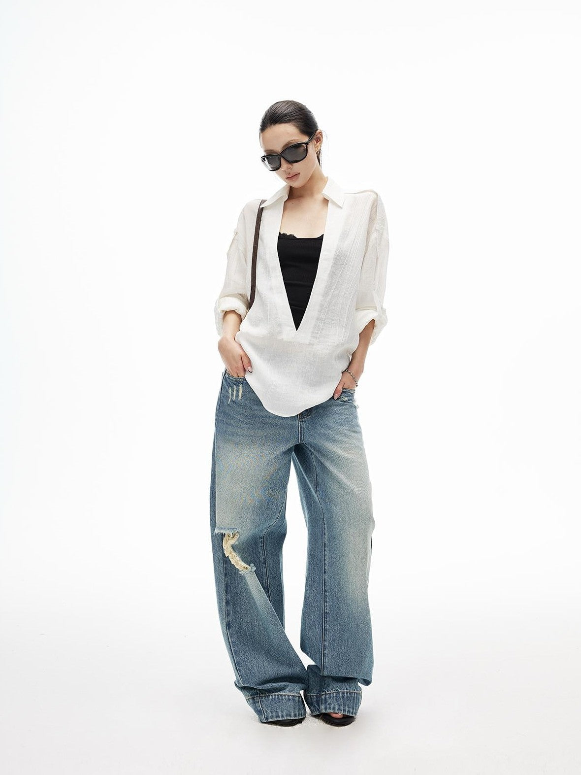 iamxiaa Wrinkled Texture Deep V-neck Shoulder Strap Convertible Sleeve Women&