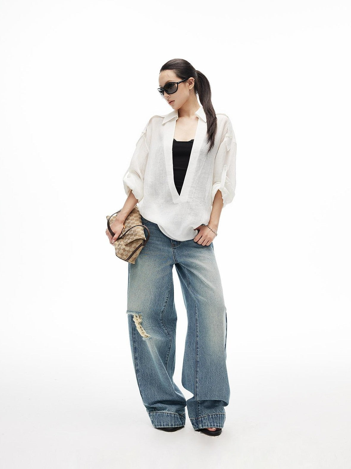 iamxiaa Wrinkled Texture Deep V-neck Shoulder Strap Convertible Sleeve Women&
