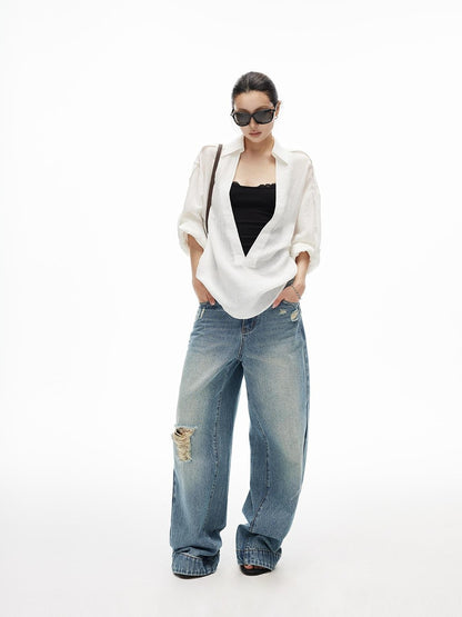 iamxiaa Wrinkled Texture Deep V-neck Shoulder Strap Convertible Sleeve Women&