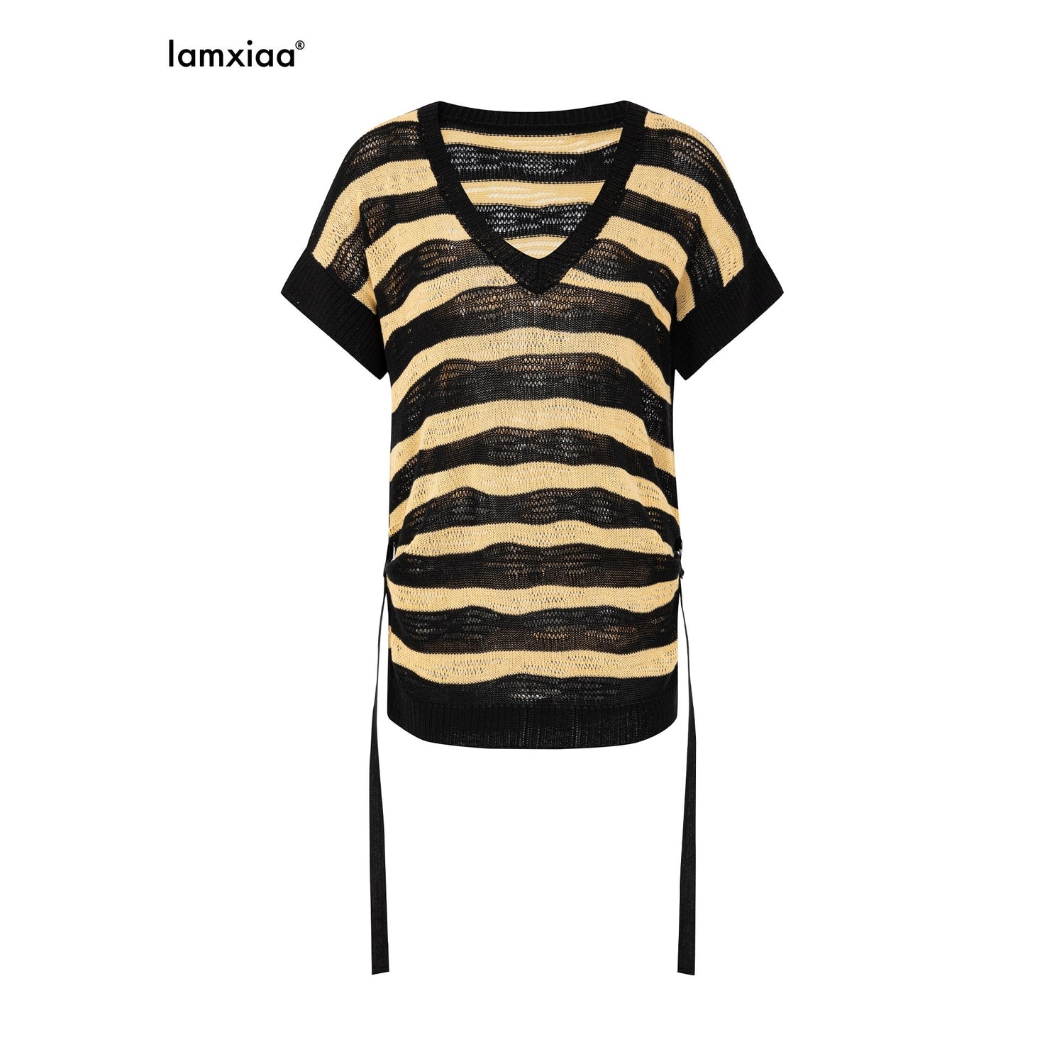 iamxiaa_Yellow_Black_Striped_Openwork_V-neck_Batwing_Women&