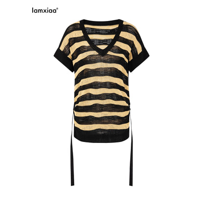 iamxiaa_Yellow_Black_Striped_Openwork_V-neck_Batwing_Women&