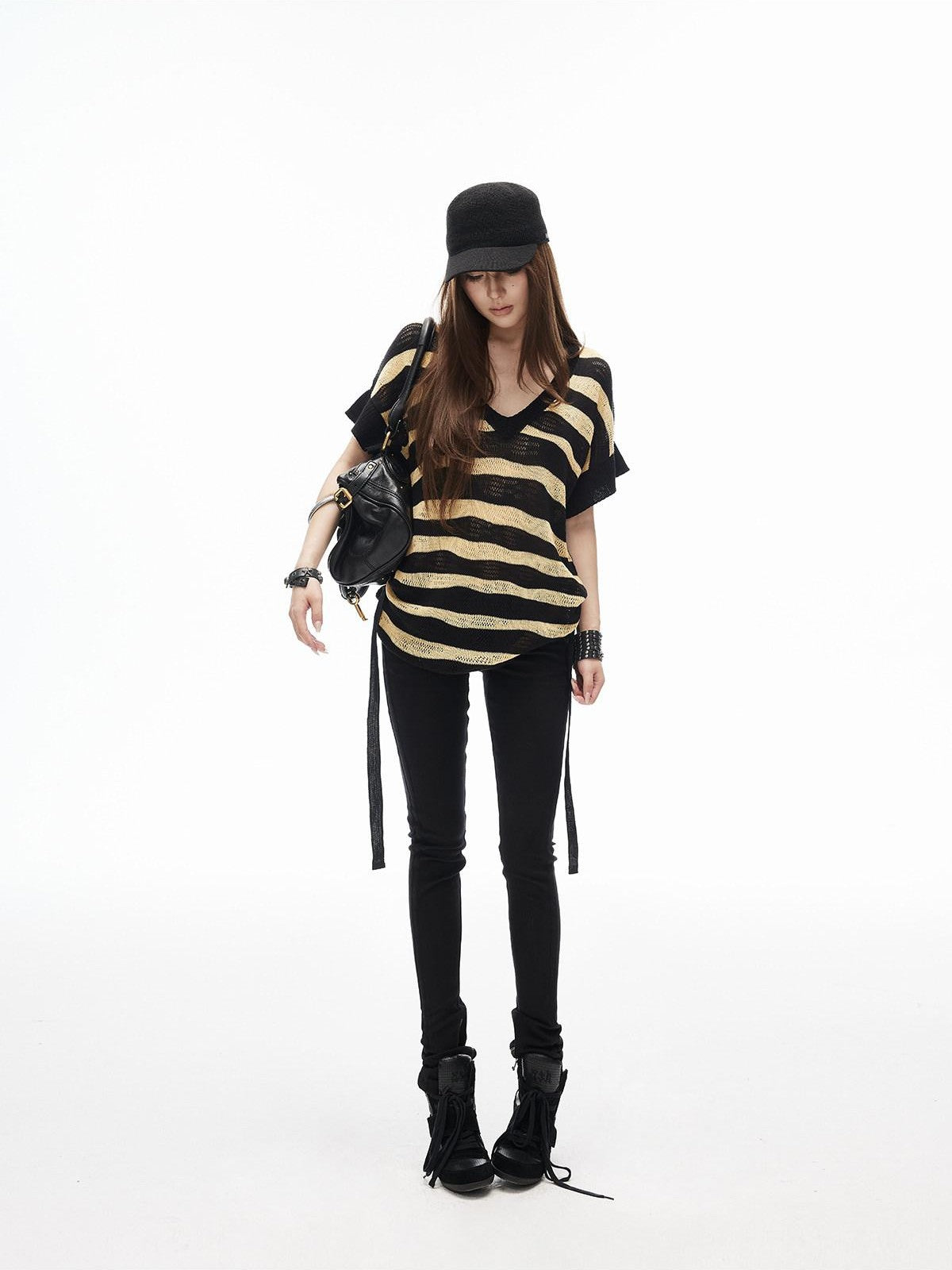 iamxiaa Yellow Black Striped Openwork V-neck Batwing Women&