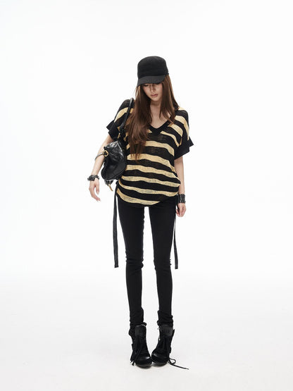 iamxiaa Yellow Black Striped Openwork V-neck Batwing Women&