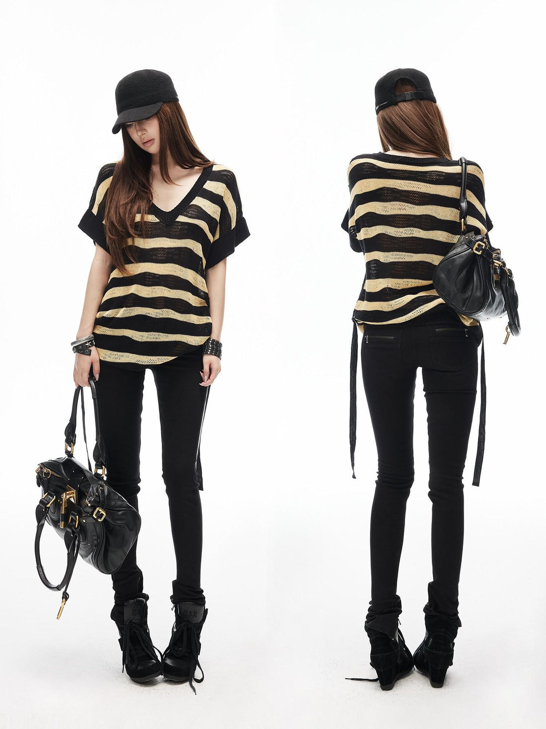 iamxiaa Yellow Black Striped Openwork V-neck Batwing Women&
