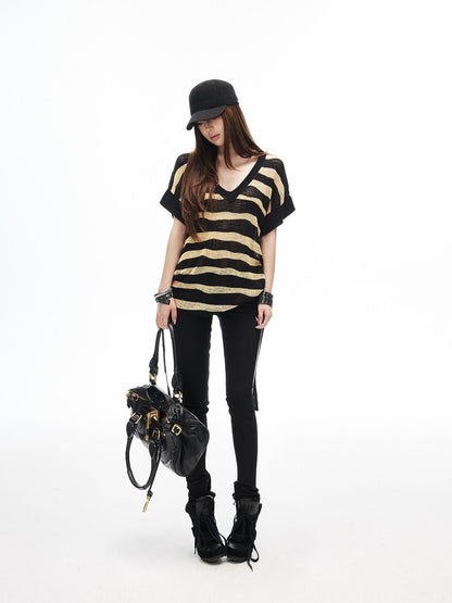 iamxiaa Yellow Black Striped Openwork V-neck Batwing Women&