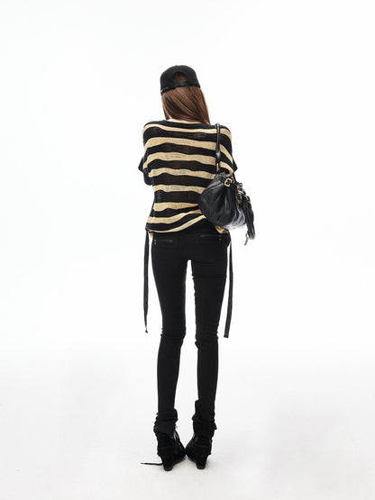 iamxiaa Yellow Black Striped Openwork V-neck Batwing Women&