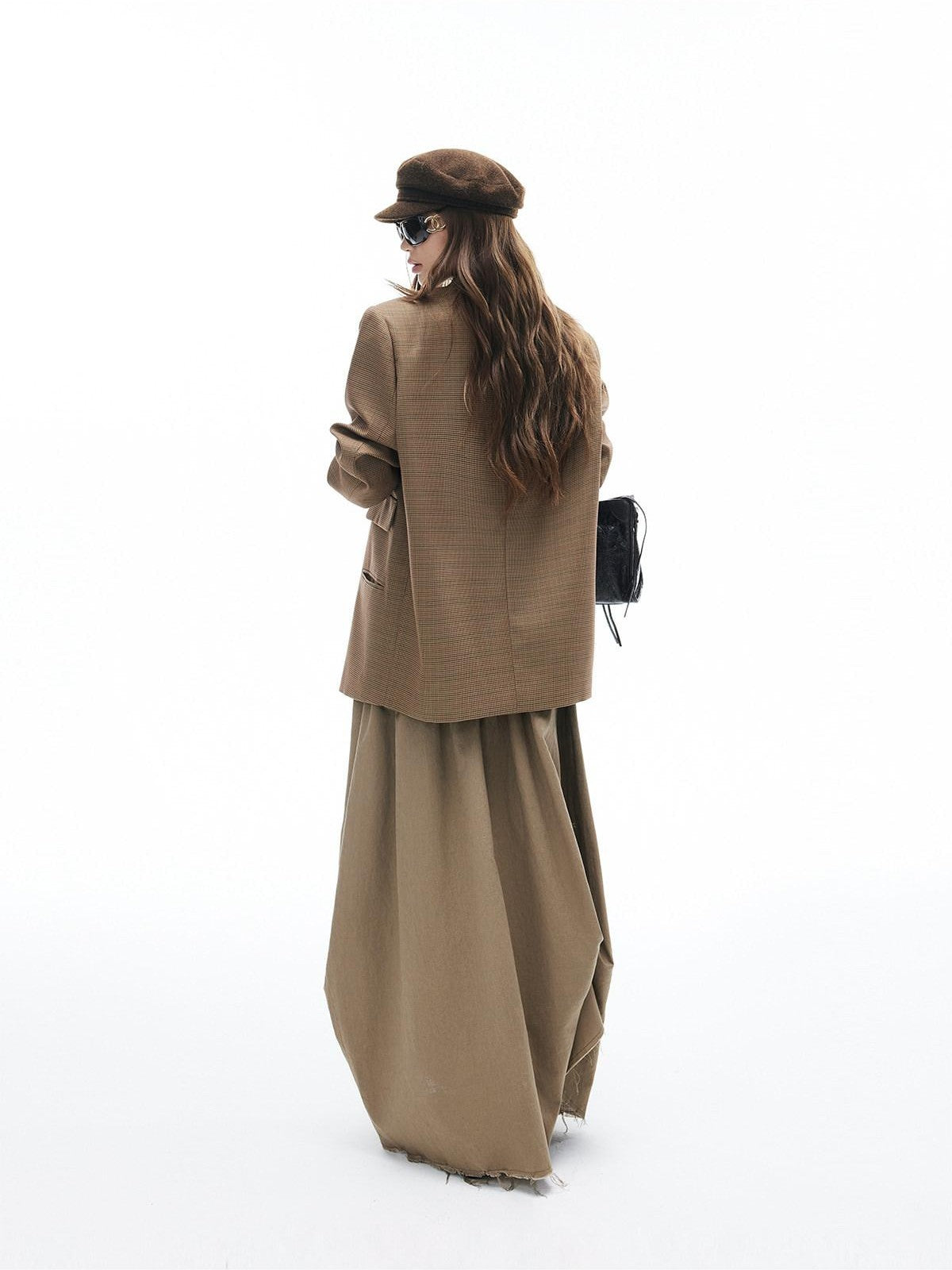 iamxiaa Yellow Brown Houndstooth Wide Shoulder Notched Lapel Women&
