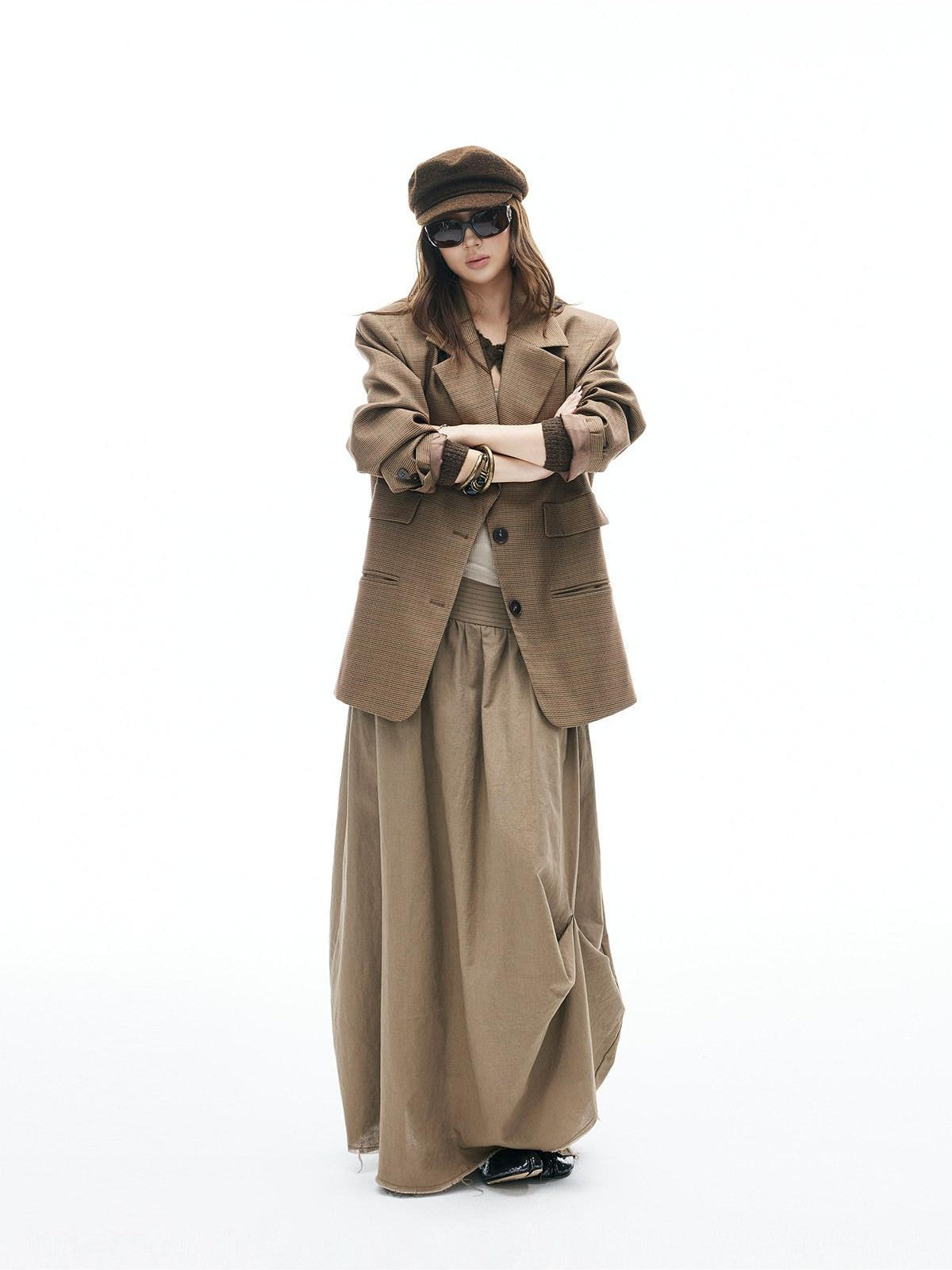 iamxiaa Yellow Brown Houndstooth Wide Shoulder Notched Lapel Women&