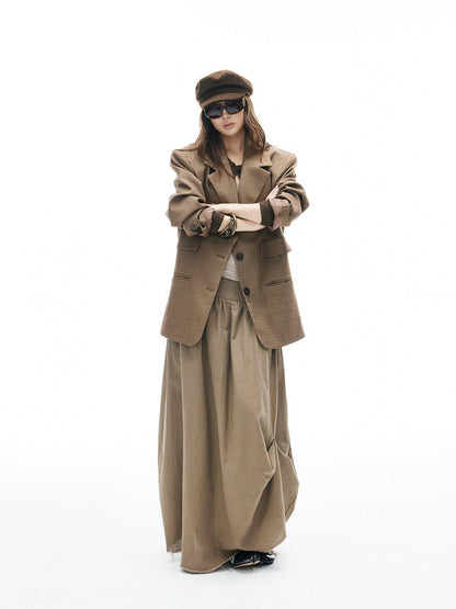 iamxiaa Yellow Brown Houndstooth Wide Shoulder Notched Lapel Women&