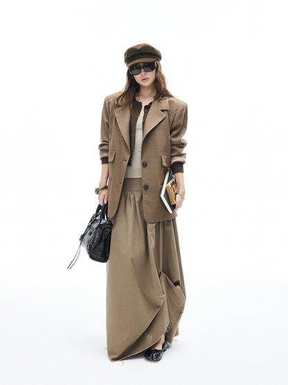 iamxiaa Yellow Brown Houndstooth Wide Shoulder Notched Lapel Women&