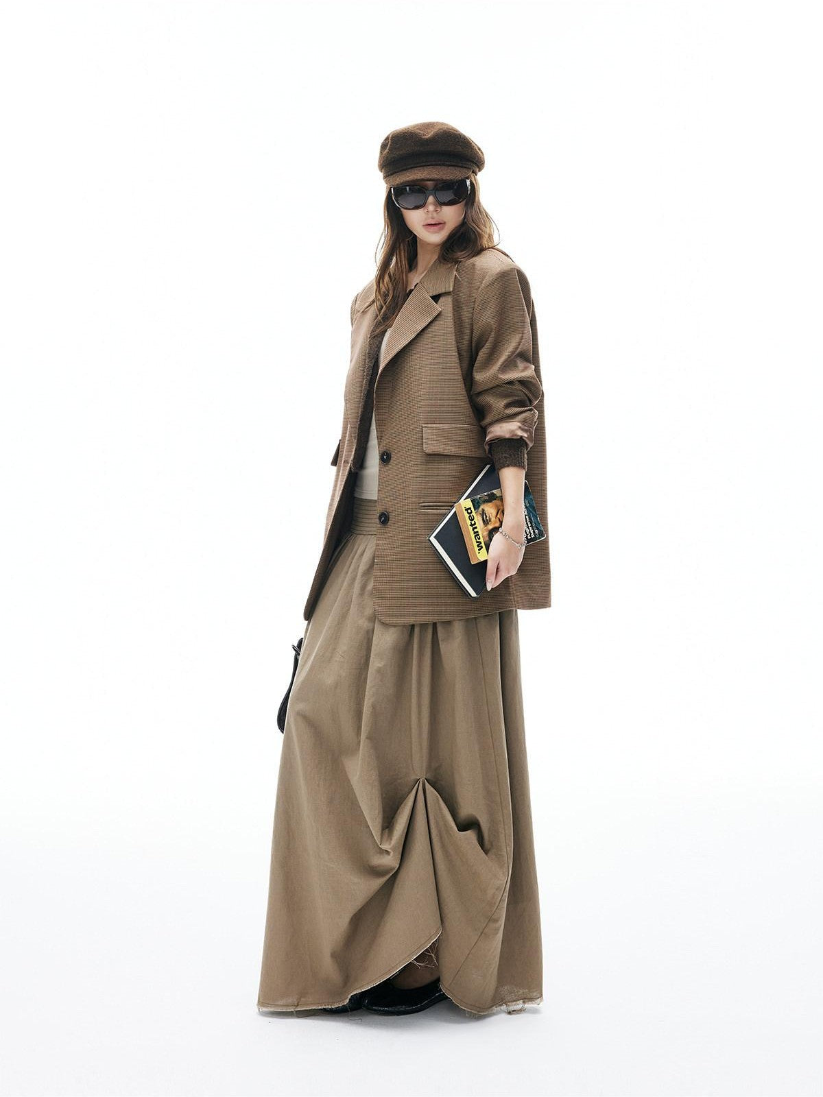 iamxiaa Yellow Brown Houndstooth Wide Shoulder Notched Lapel Women&