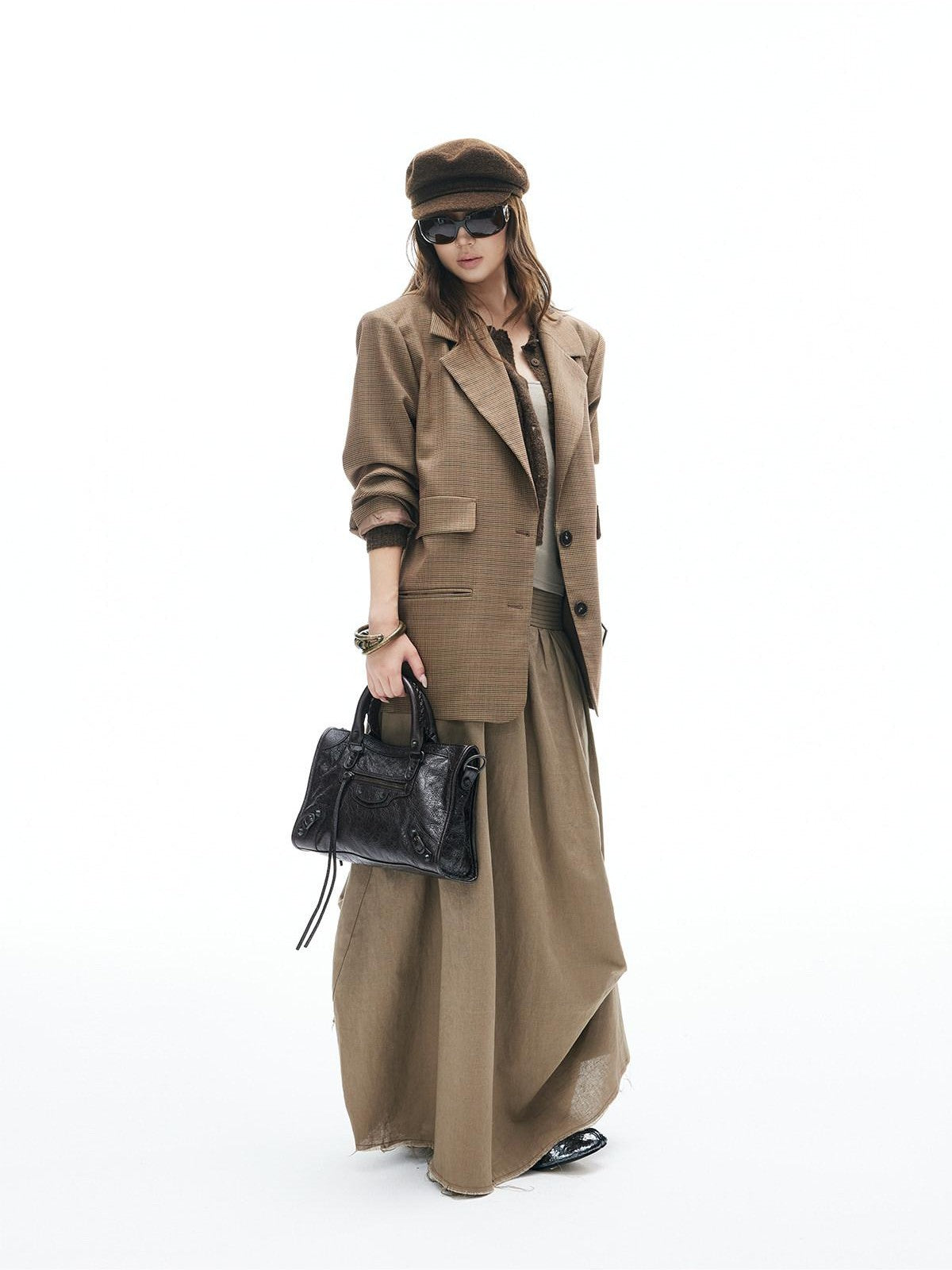 iamxiaa Yellow Brown Houndstooth Wide Shoulder Notched Lapel Women&