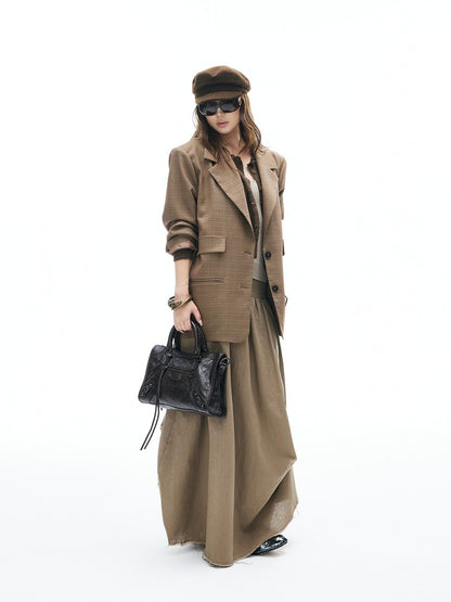 iamxiaa Yellow Brown Houndstooth Wide Shoulder Notched Lapel Women&