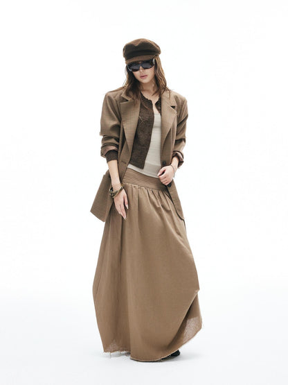 iamxiaa Yellow Brown Houndstooth Wide Shoulder Notched Lapel Women&
