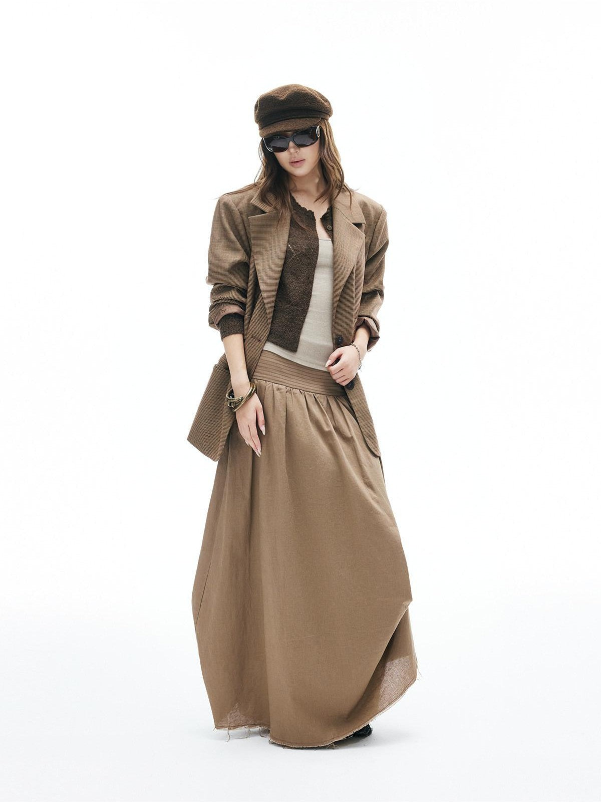 iamxiaa Yellow Brown Houndstooth Wide Shoulder Notched Lapel Women&