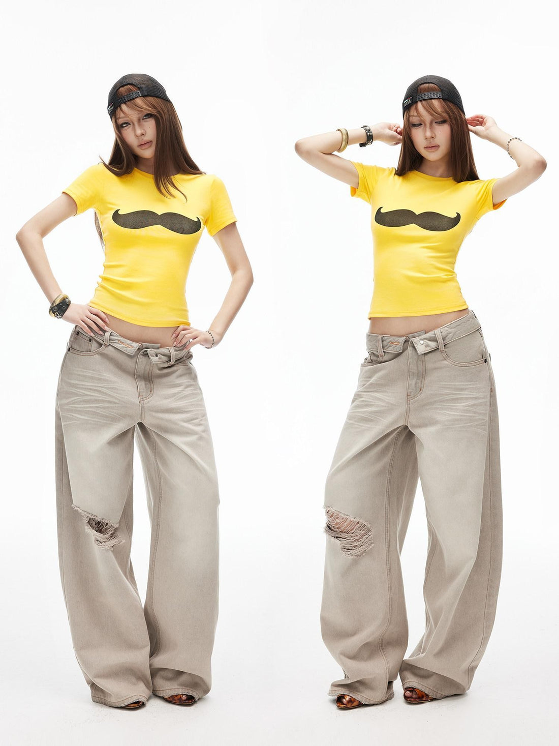 iamxiaa Yellow Handlebar Mustache Print Slim Fit Women&