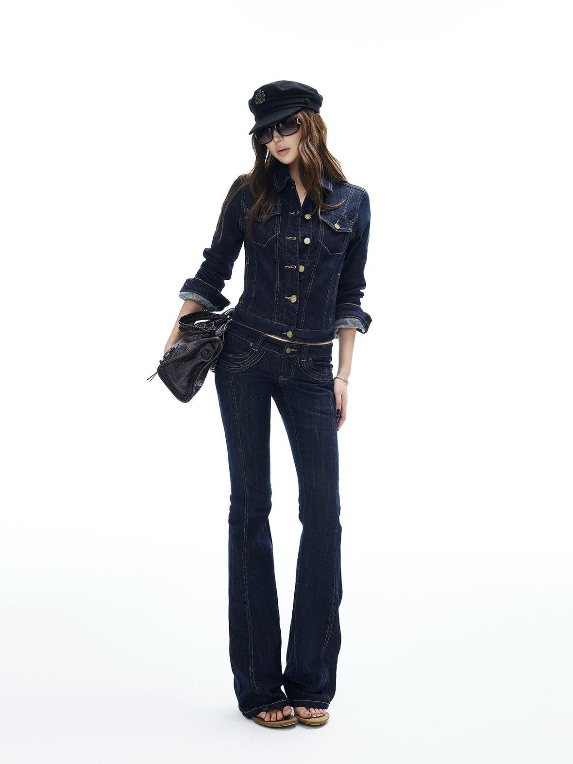 iamxiaa Yellow Stitch Trim Cropped Denim Jacket Low Rise Flared Women&