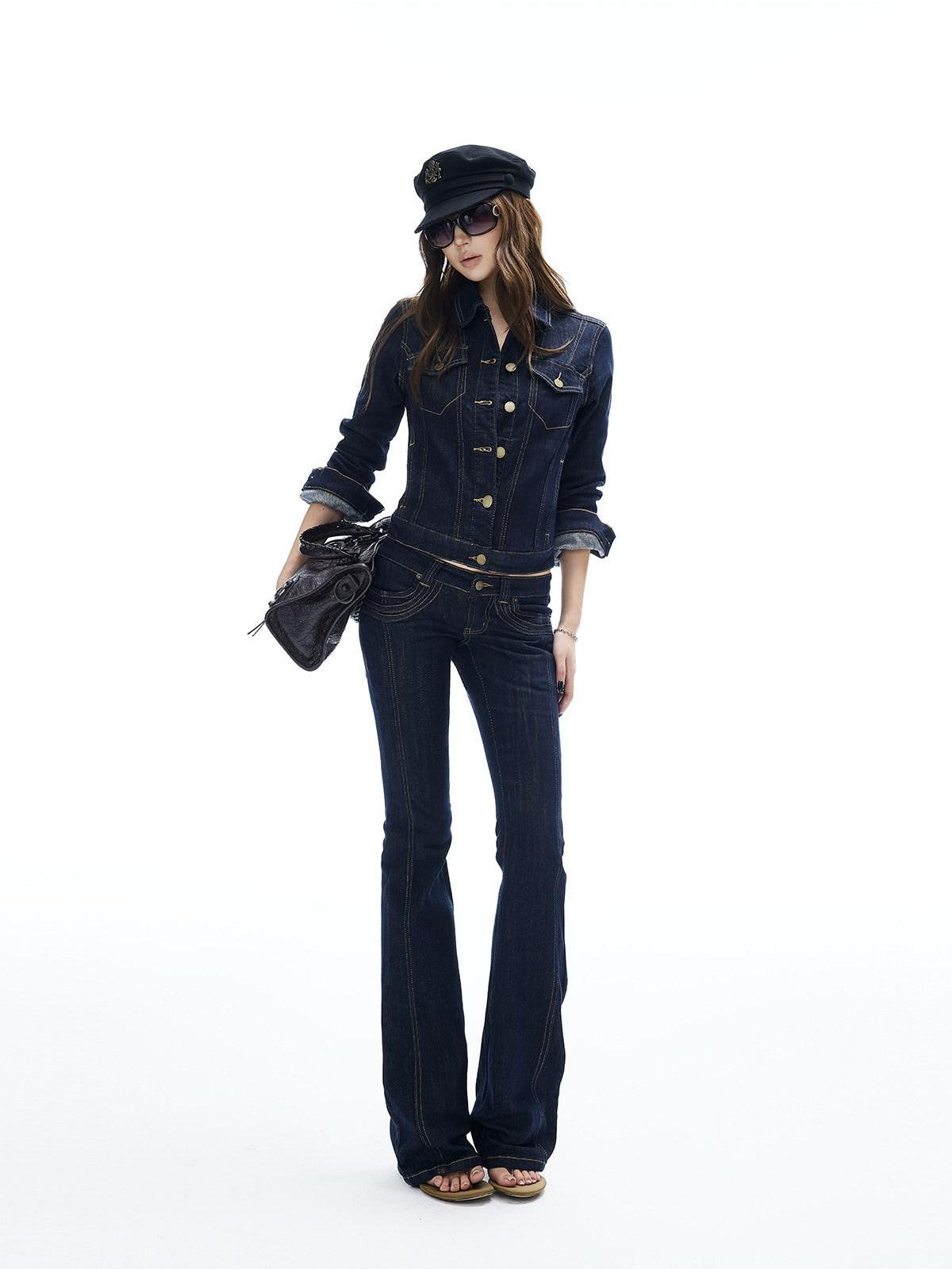 iamxiaa Yellow Stitched Split Crop Jacket Lowrise Flare Women&